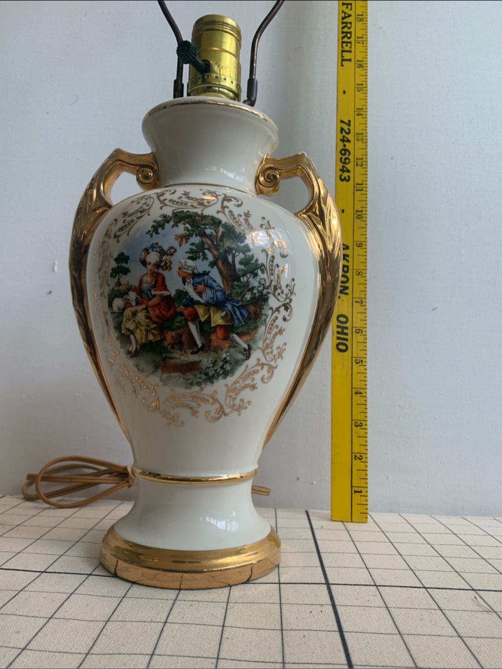 Ornate Porcelain Table Lamp with Gilded Accents and Romantic “Courting” Scene